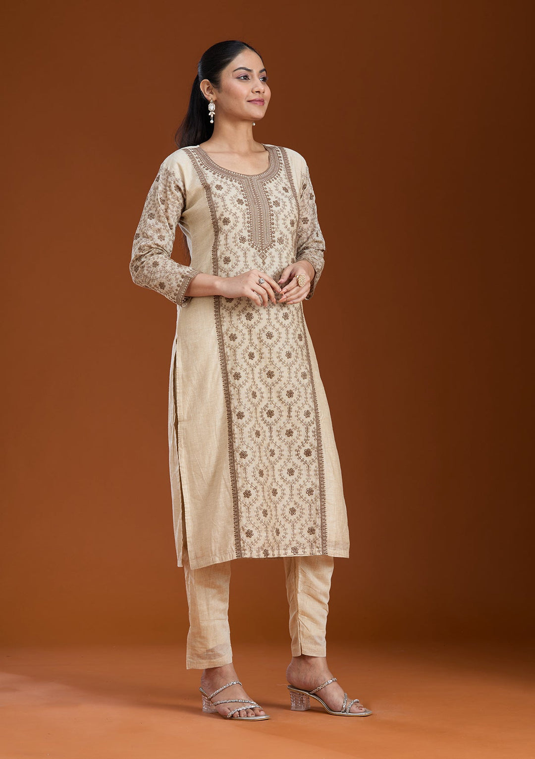 Beige Threadwork Chanderi Readymade Salwar Suit_koskii