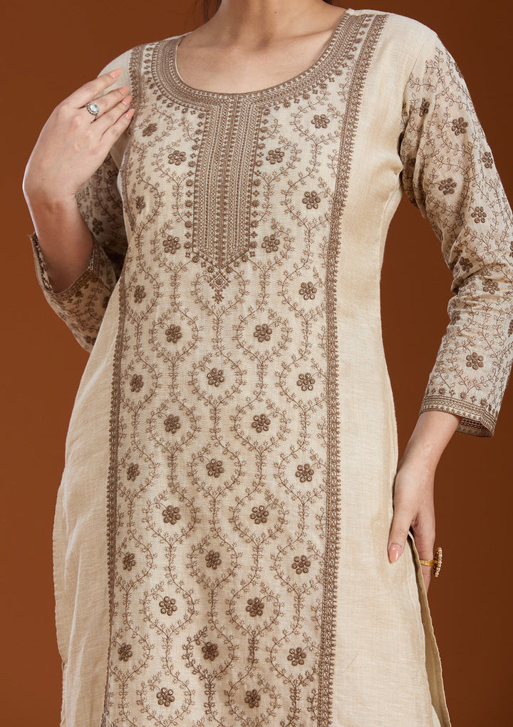 Beige Threadwork Chanderi Readymade Salwar Suit_koskii
