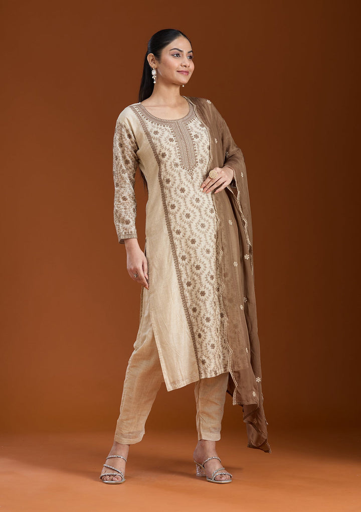 Beige Threadwork Chanderi Readymade Salwar Suit_koskii