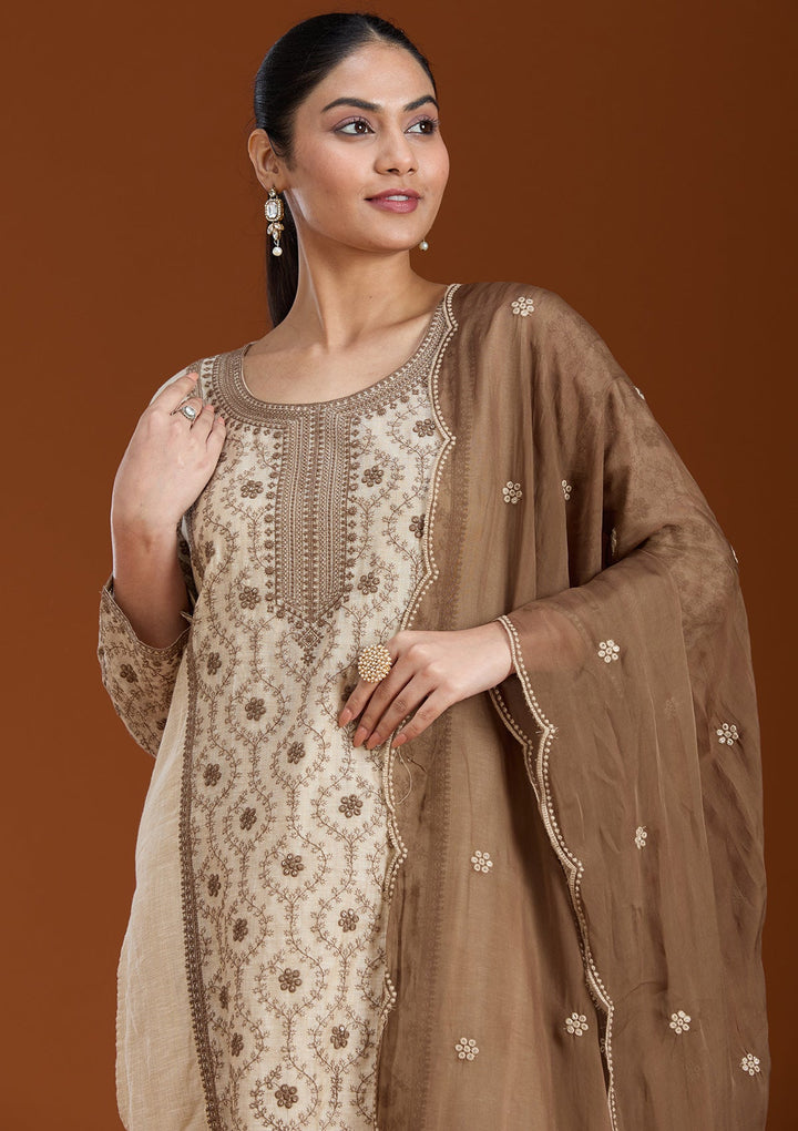 Beige Threadwork Chanderi Readymade Salwar Suit_koskii