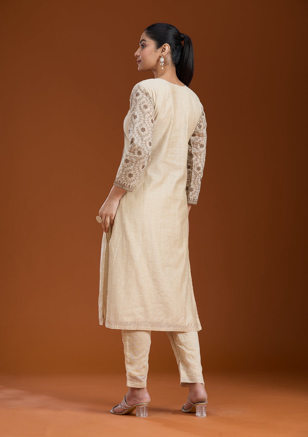 Beige Threadwork Chanderi Readymade Salwar Suit_koskii