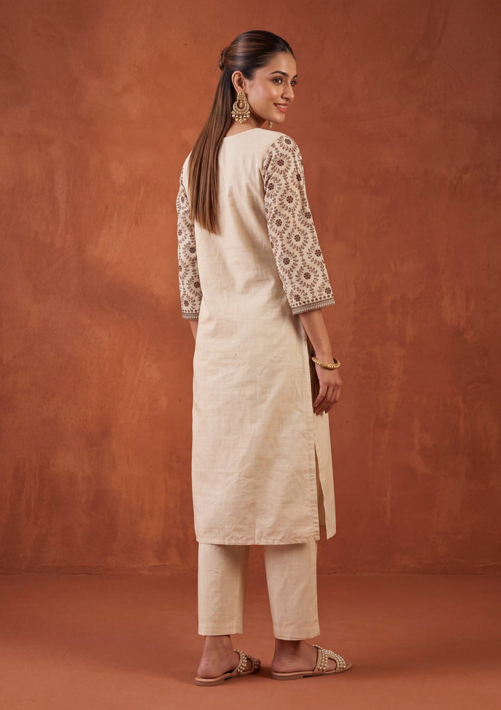 Beige Threadwork Chanderi Readymade Salwar Suit