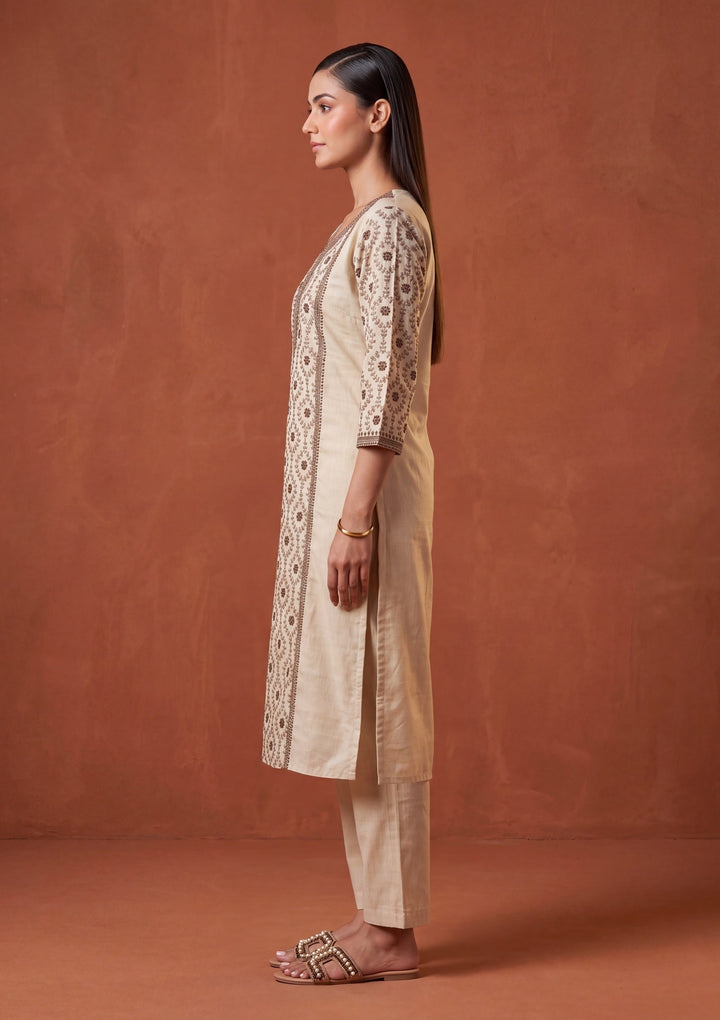 Beige Threadwork Chanderi Readymade Salwar Suit
