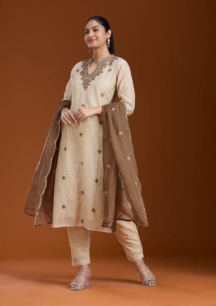 Beige Threadwork Chanderi Readymade Salwar Suit_koskii