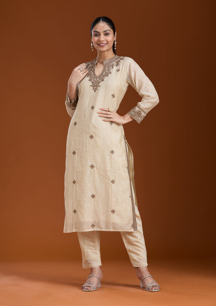 Beige Threadwork Chanderi Readymade Salwar Suit_koskii