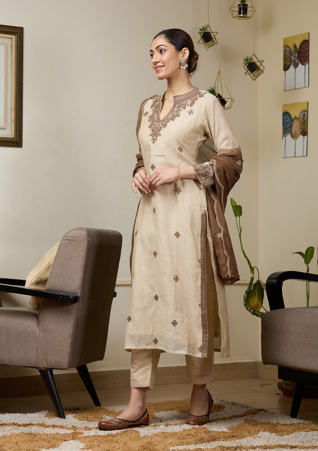 Beige Threadwork Chanderi Readymade Salwar Suit