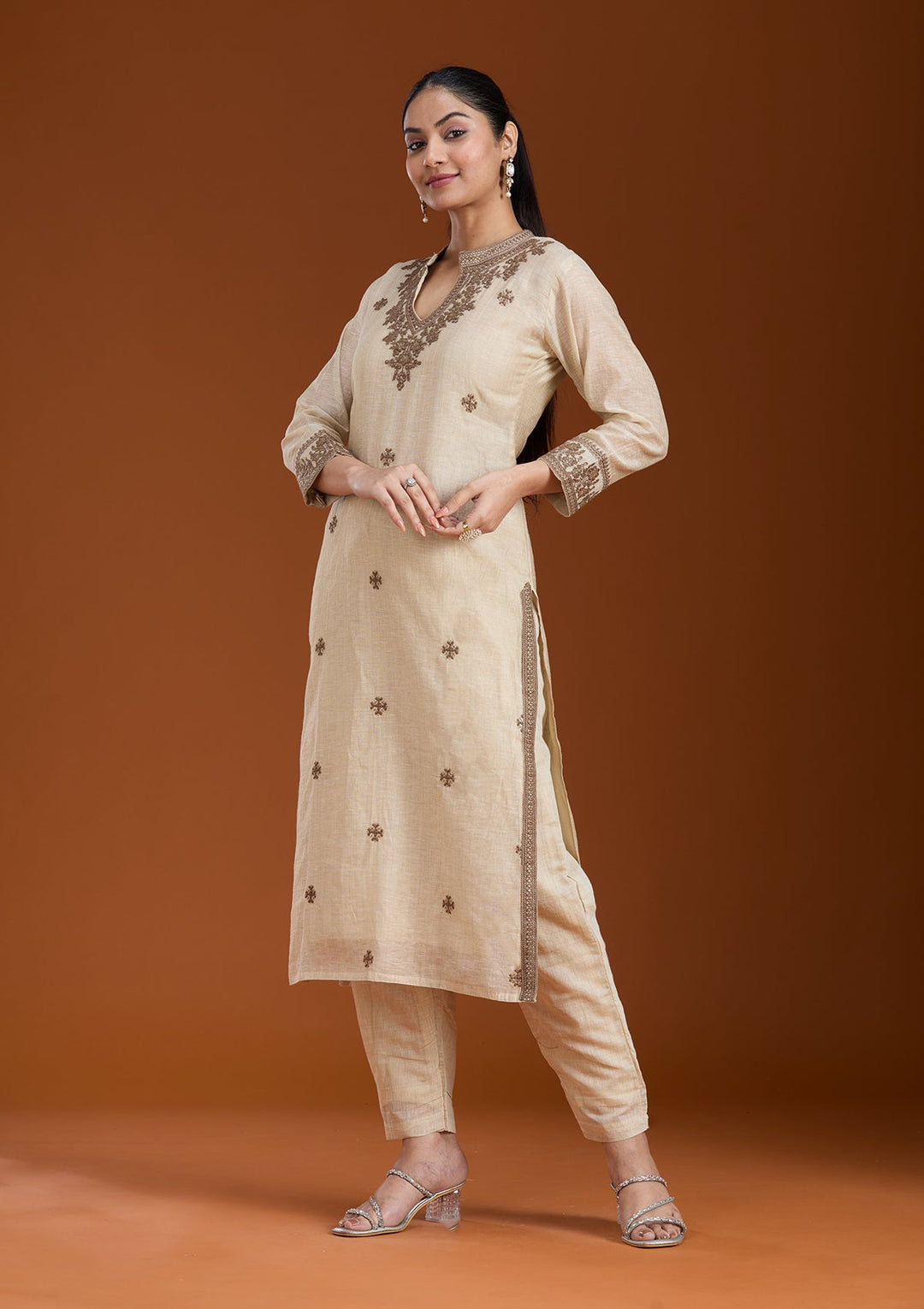 Beige Threadwork Chanderi Readymade Salwar Suit_koskii