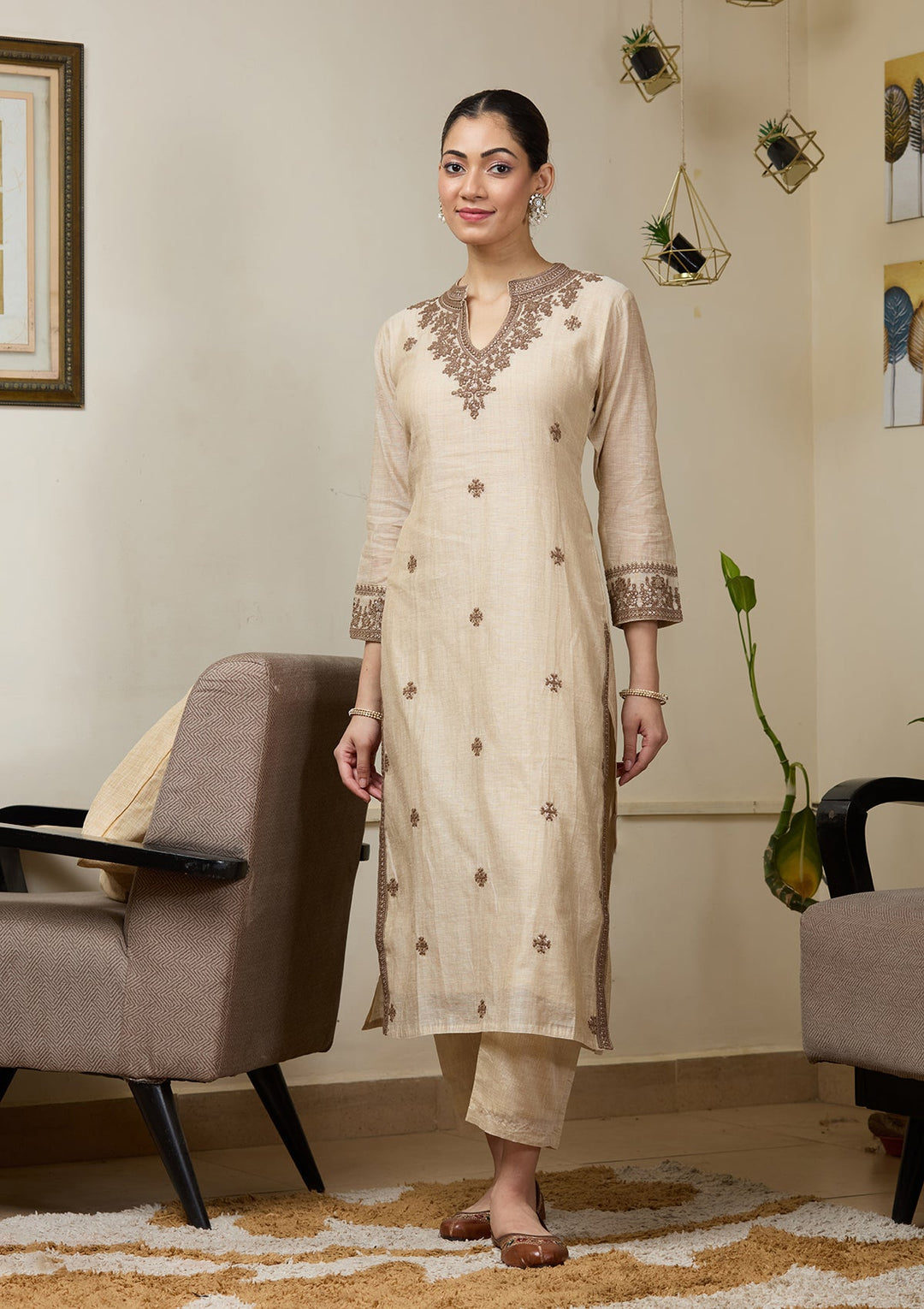 Beige Threadwork Chanderi Readymade Salwar Suit