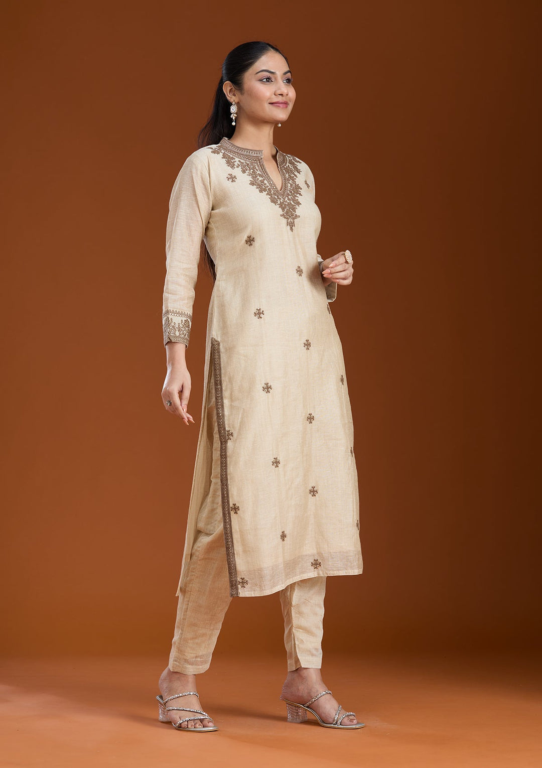 Beige Threadwork Chanderi Readymade Salwar Suit_koskii
