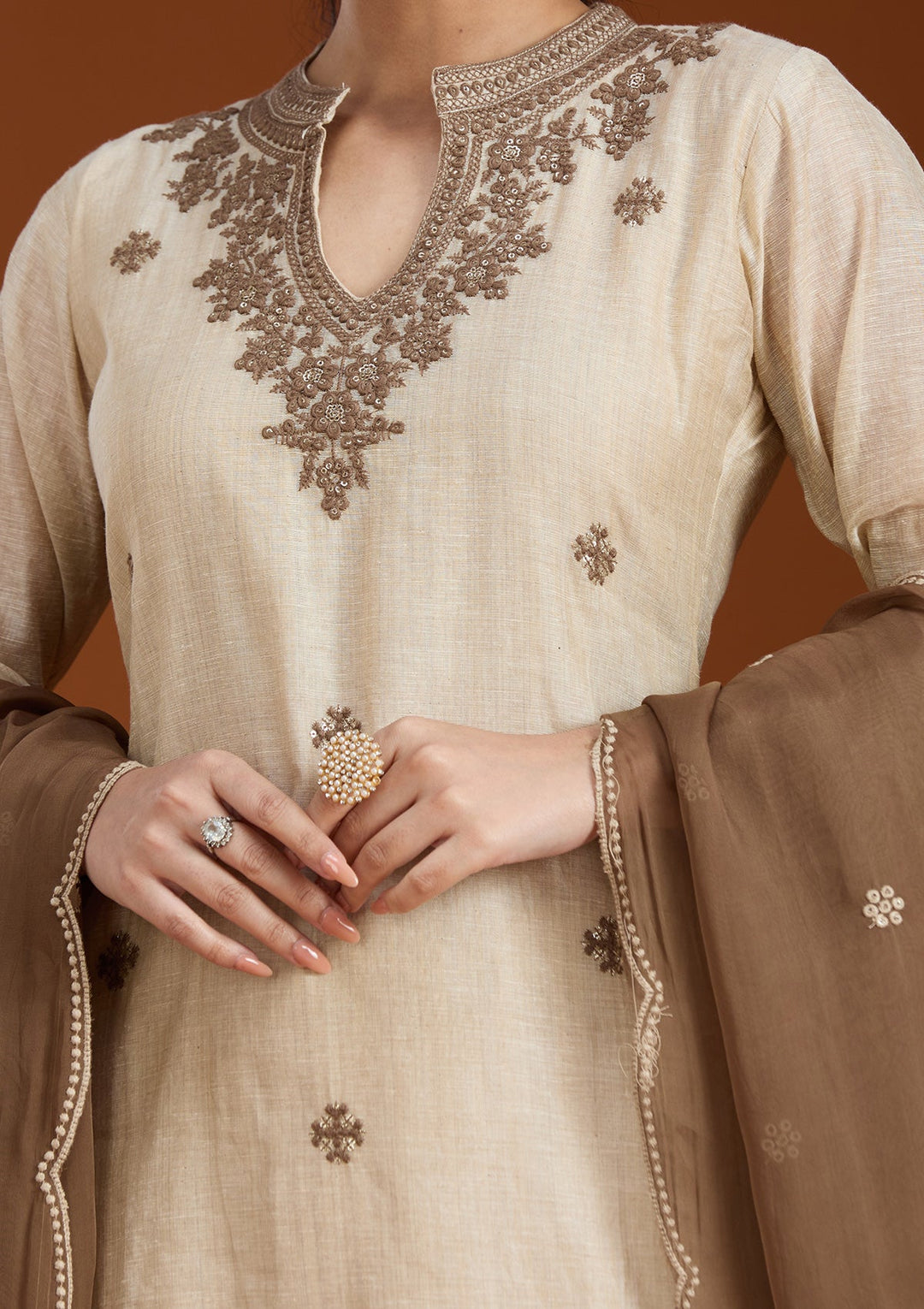 Beige Threadwork Chanderi Readymade Salwar Suit_koskii