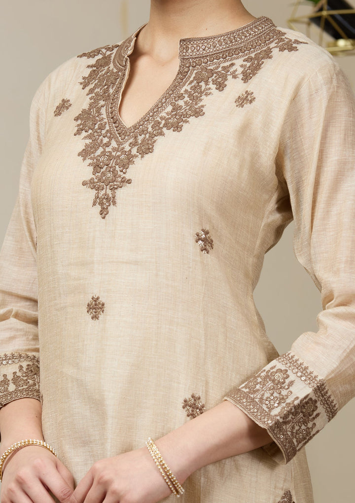 Beige Threadwork Chanderi Readymade Salwar Suit
