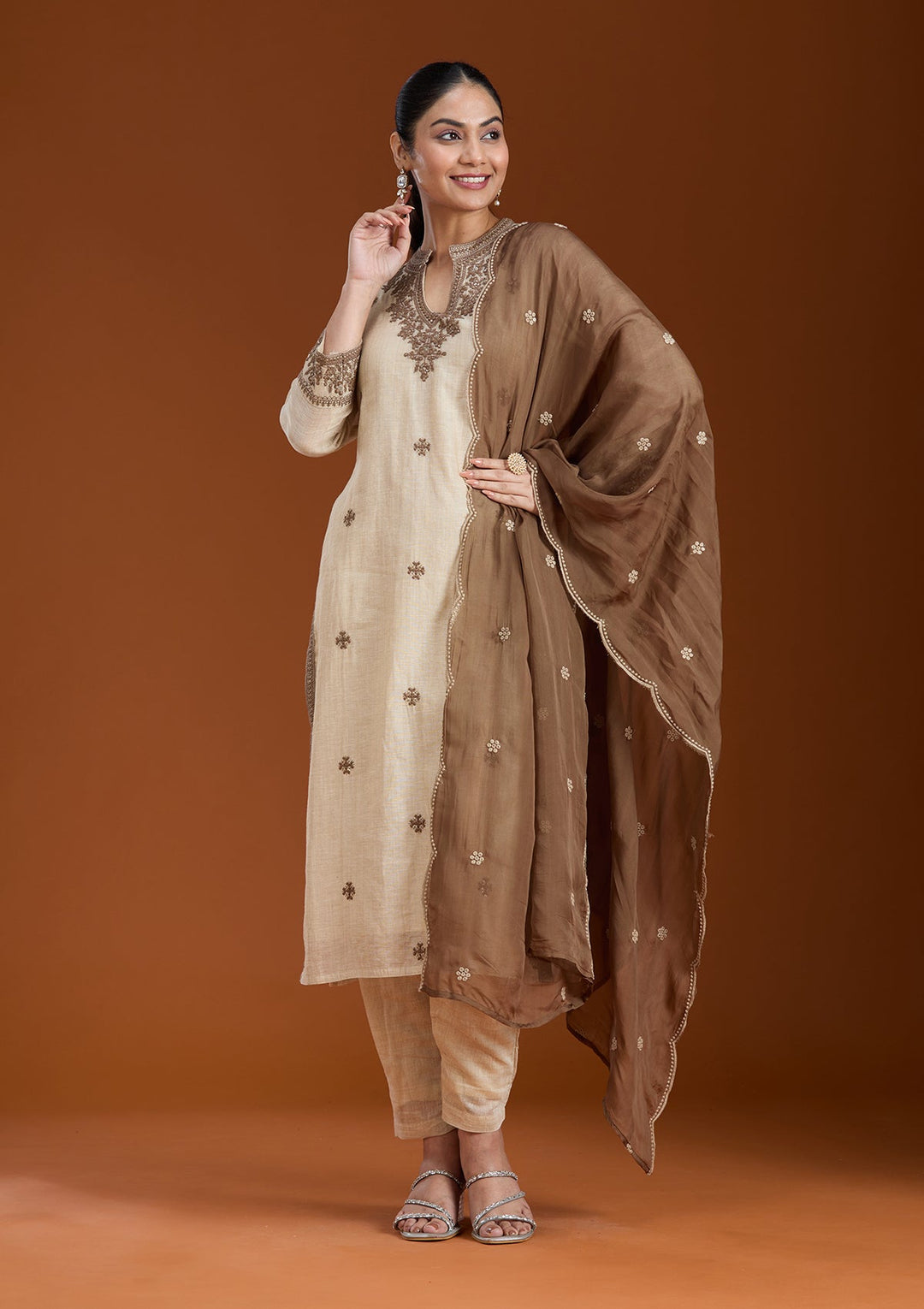 Beige Threadwork Chanderi Readymade Salwar Suit_koskii