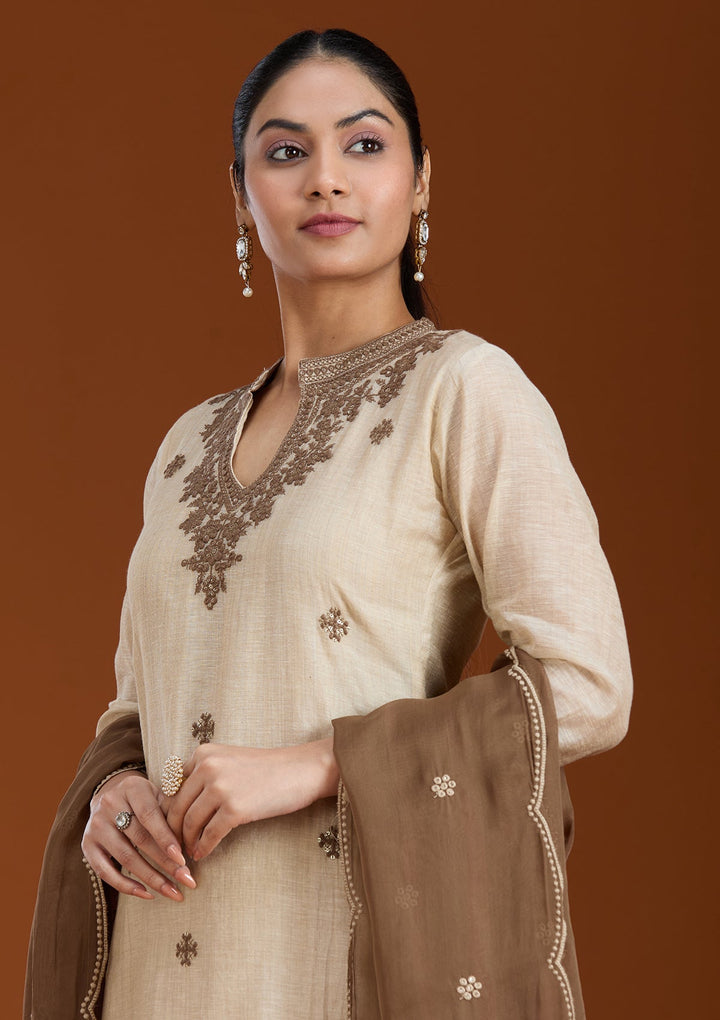 Beige Threadwork Chanderi Readymade Salwar Suit_koskii
