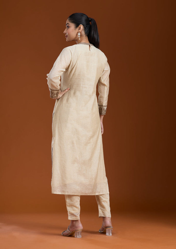 Beige Threadwork Chanderi Readymade Salwar Suit_koskii