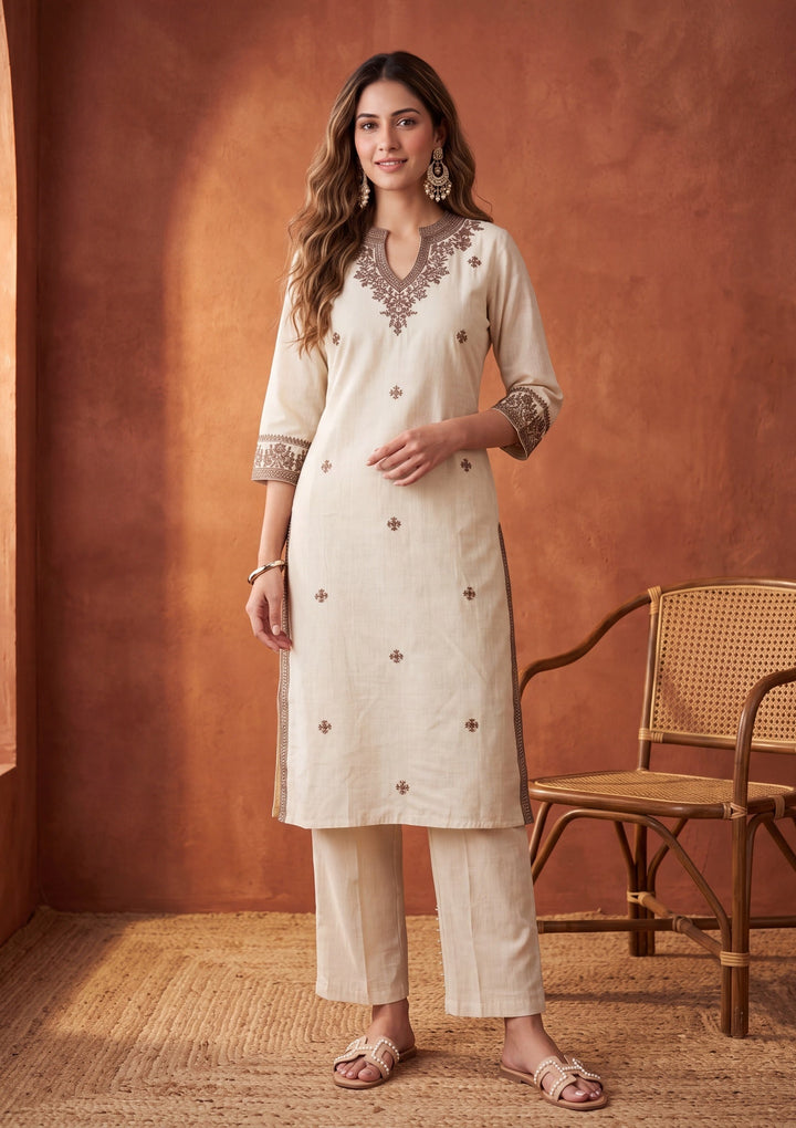 Beige Threadwork Chanderi Readymade Salwar Suit