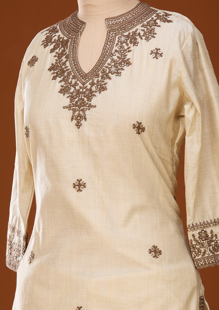 Beige Threadwork Chanderi Readymade Salwar Suit