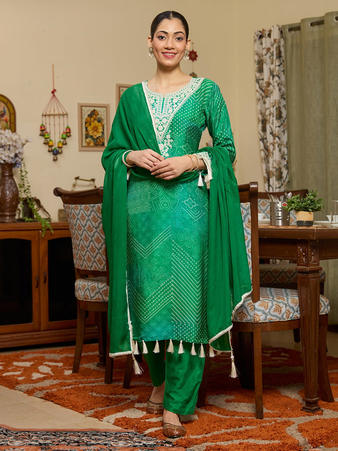Leaf Green Threadwork Crepe Readymade Salwar Suit