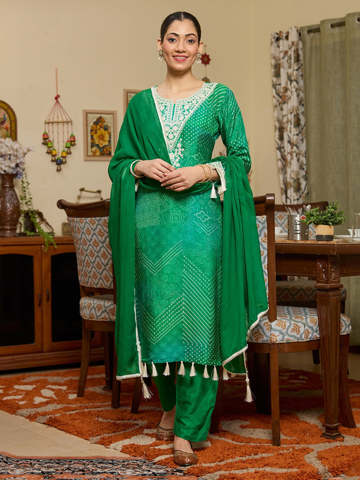 Leaf Green Threadwork Crepe Readymade Salwar Suit
