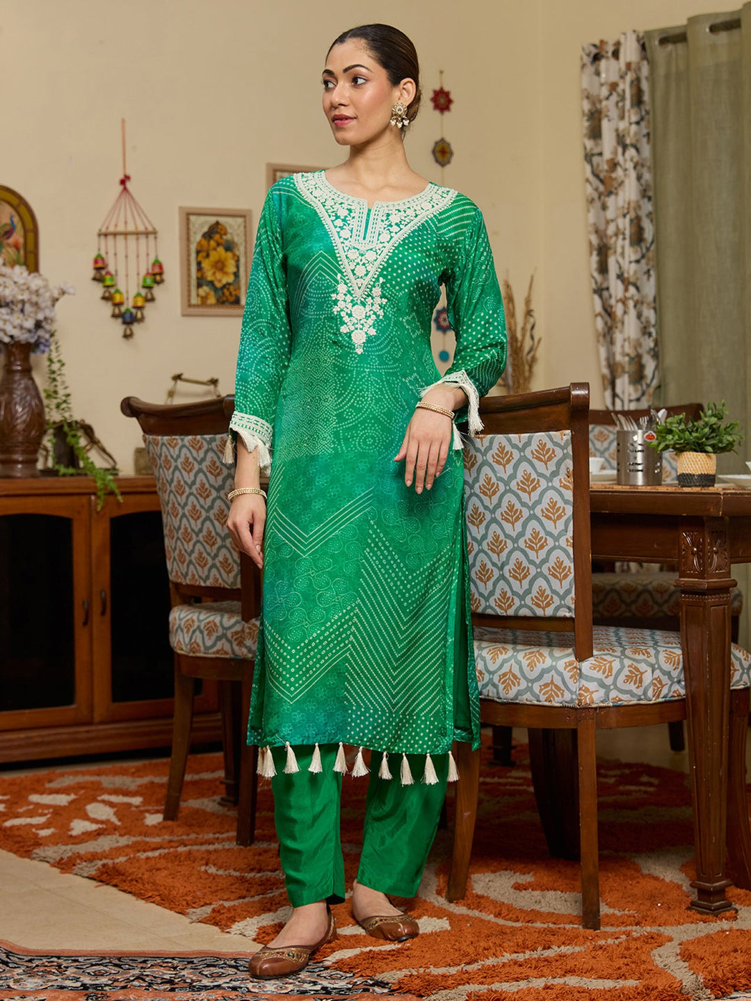 Leaf Green Threadwork Crepe Readymade Salwar Suit