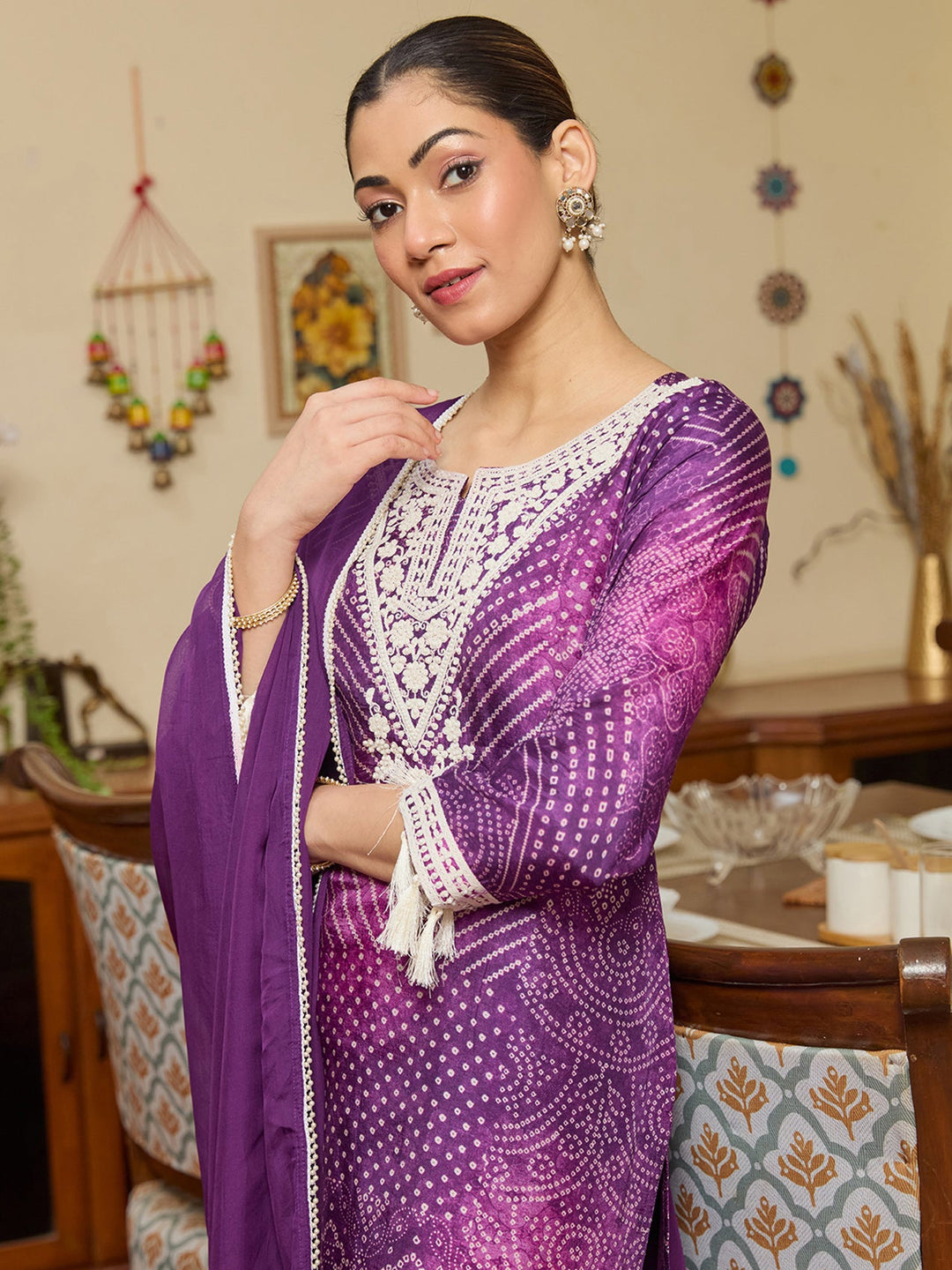 Purple Threadwork Crepe Readymade Salwar Suit