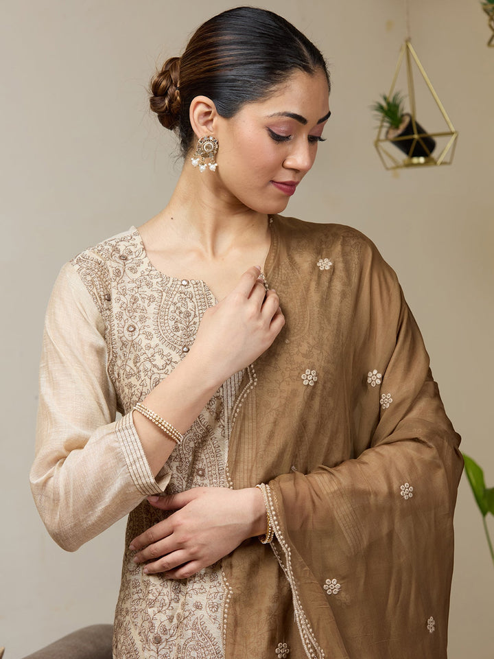 Beige Threadwork Chanderi Readymade Salwar Suit