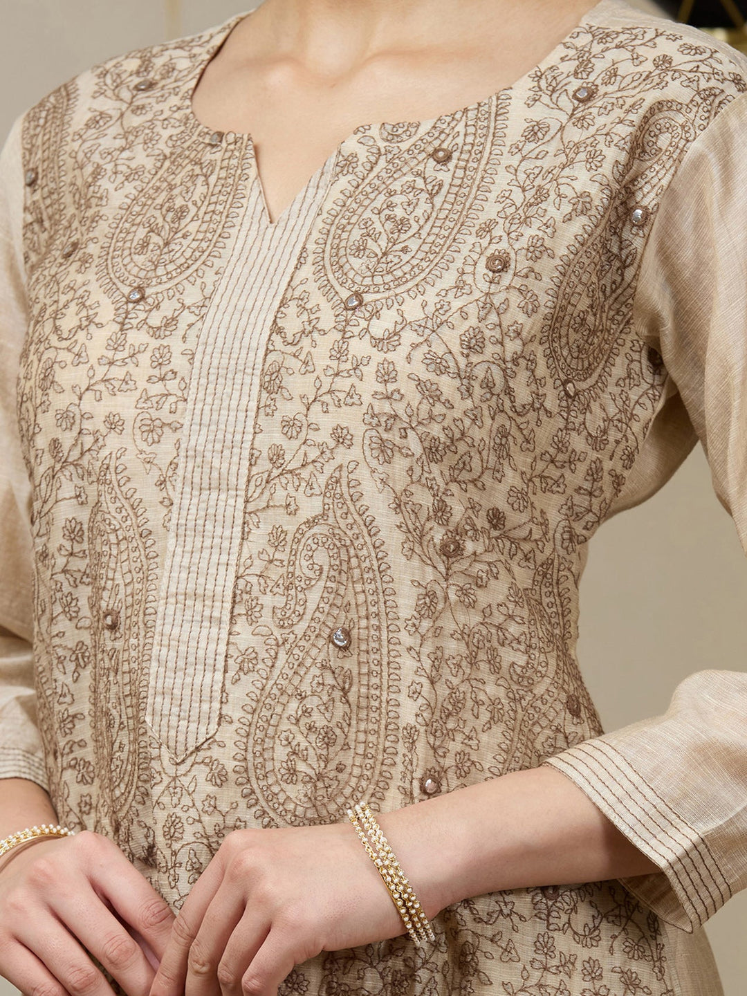 Beige Threadwork Chanderi Readymade Salwar Suit