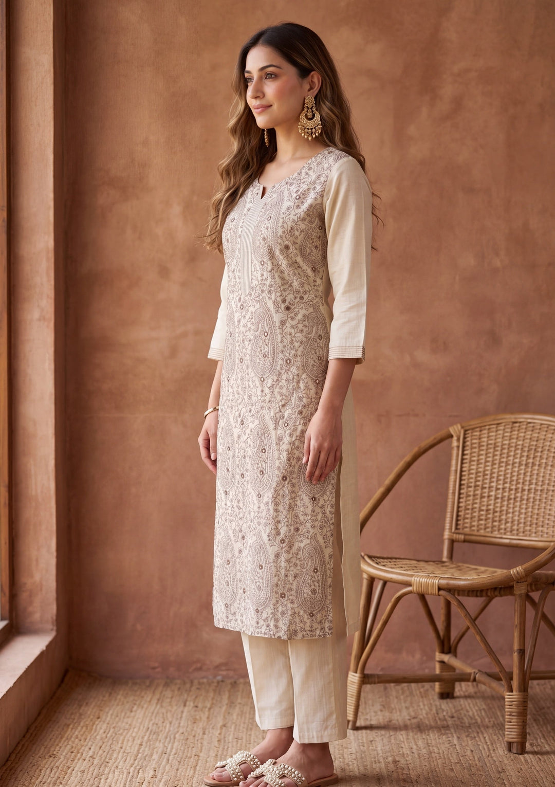 Beige Threadwork Chanderi Readymade Salwar Suit