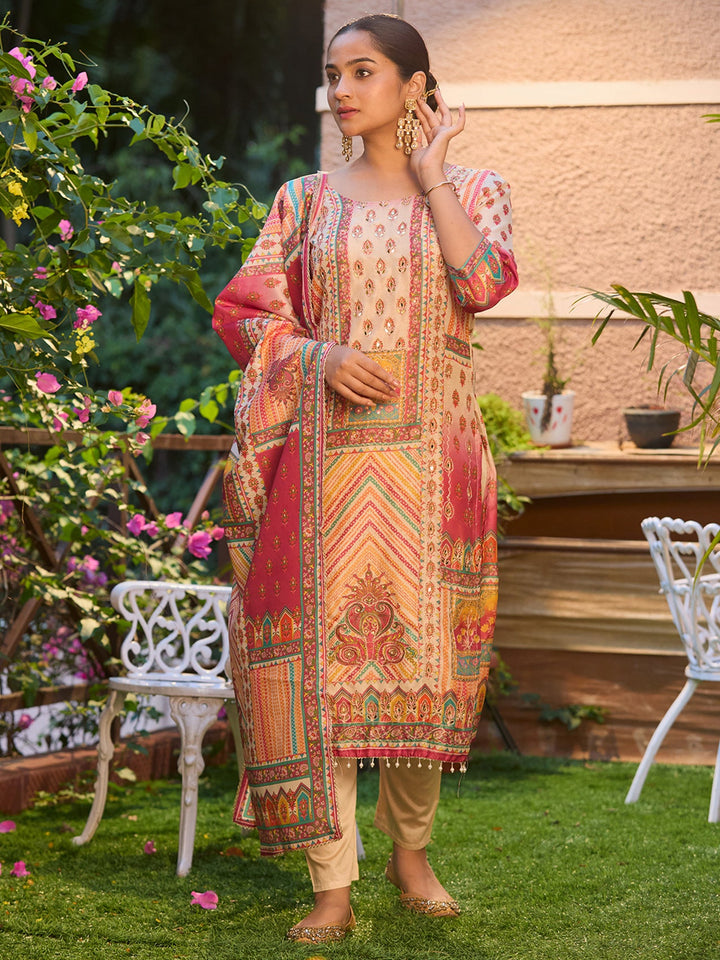 Beige Mirrorwork Tissue Readymade Salwar Suit