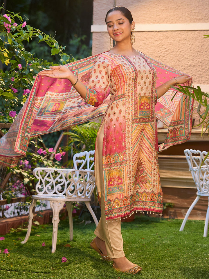 Beige Mirrorwork Tissue Readymade Salwar Suit