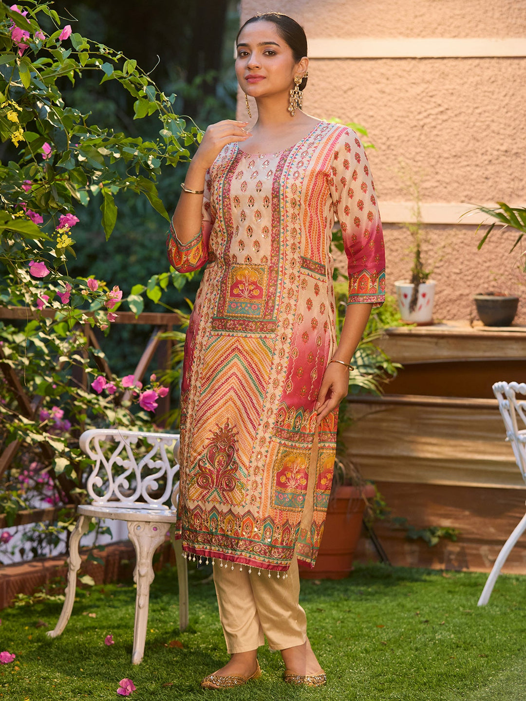Beige Mirrorwork Tissue Readymade Salwar Suit