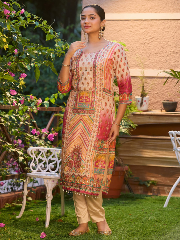 Beige Mirrorwork Tissue Readymade Salwar Suit