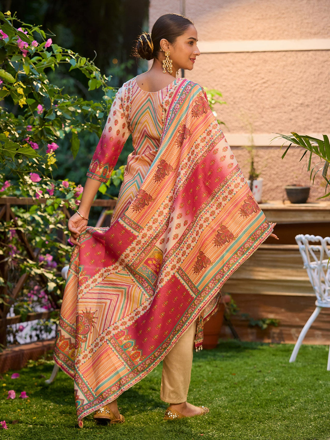 Beige Mirrorwork Tissue Readymade Salwar Suit