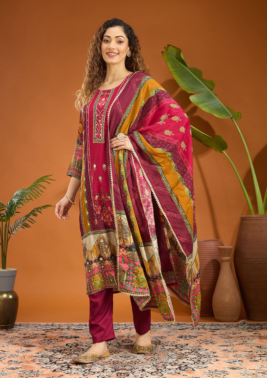 Wine Mirrorwork Tissue Readymade Salwar Suit