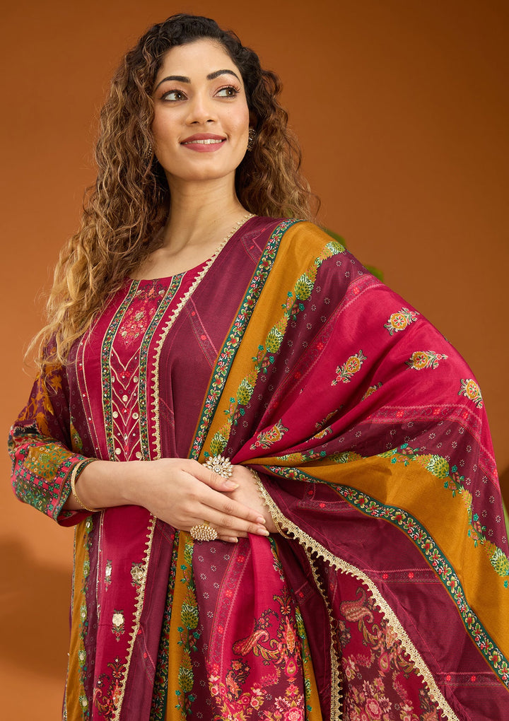 Wine Mirrorwork Tissue Readymade Salwar Suit