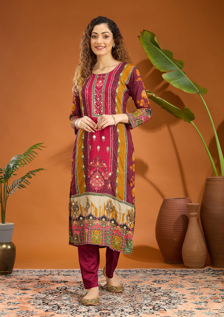 Wine Mirrorwork Tissue Readymade Salwar Suit