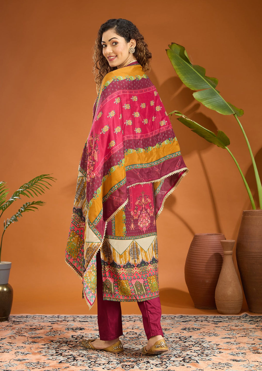 Wine Mirrorwork Tissue Readymade Salwar Suit