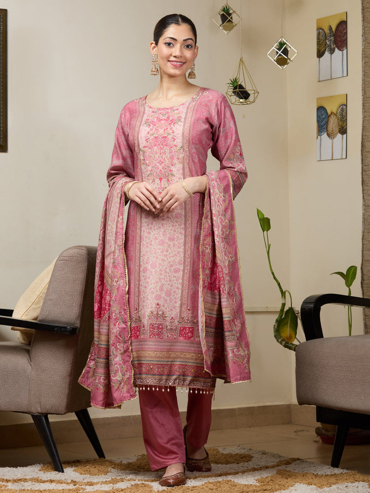 Onion Pink Stonework Tissue Readymade Salwar Suit