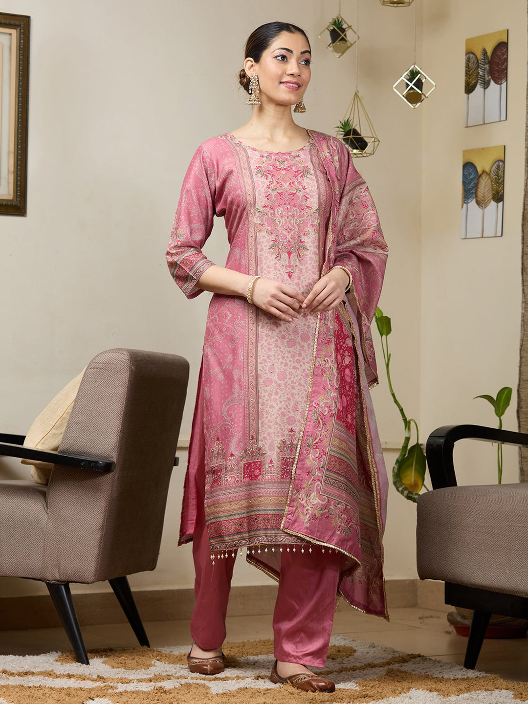 Onion Pink Stonework Tissue Readymade Salwar Suit