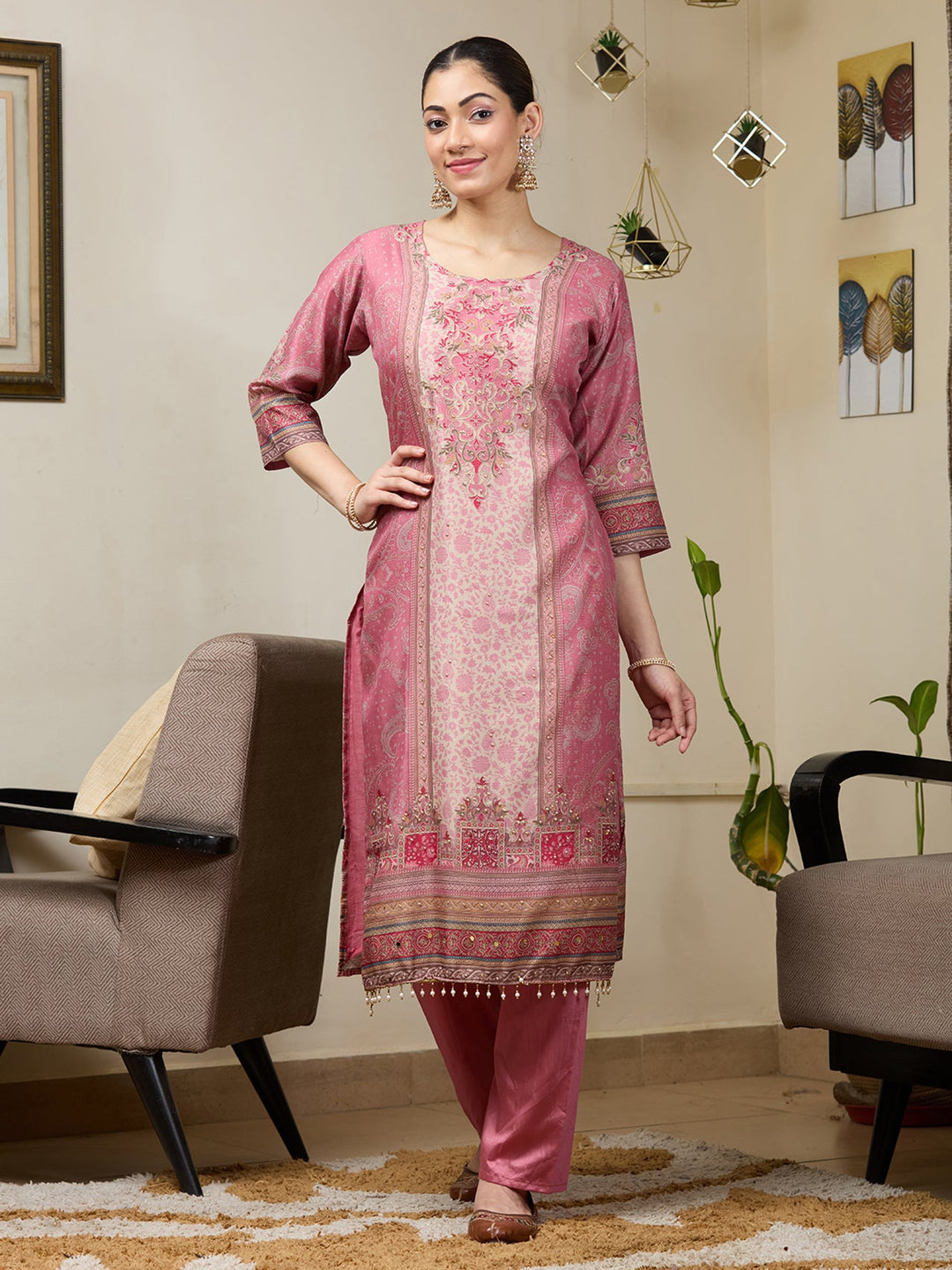 Onion Pink Stonework Tissue Readymade Salwar Suit