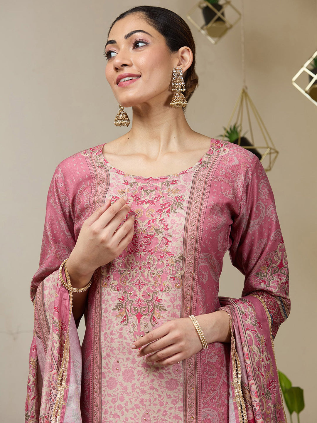 Onion Pink Stonework Tissue Readymade Salwar Suit