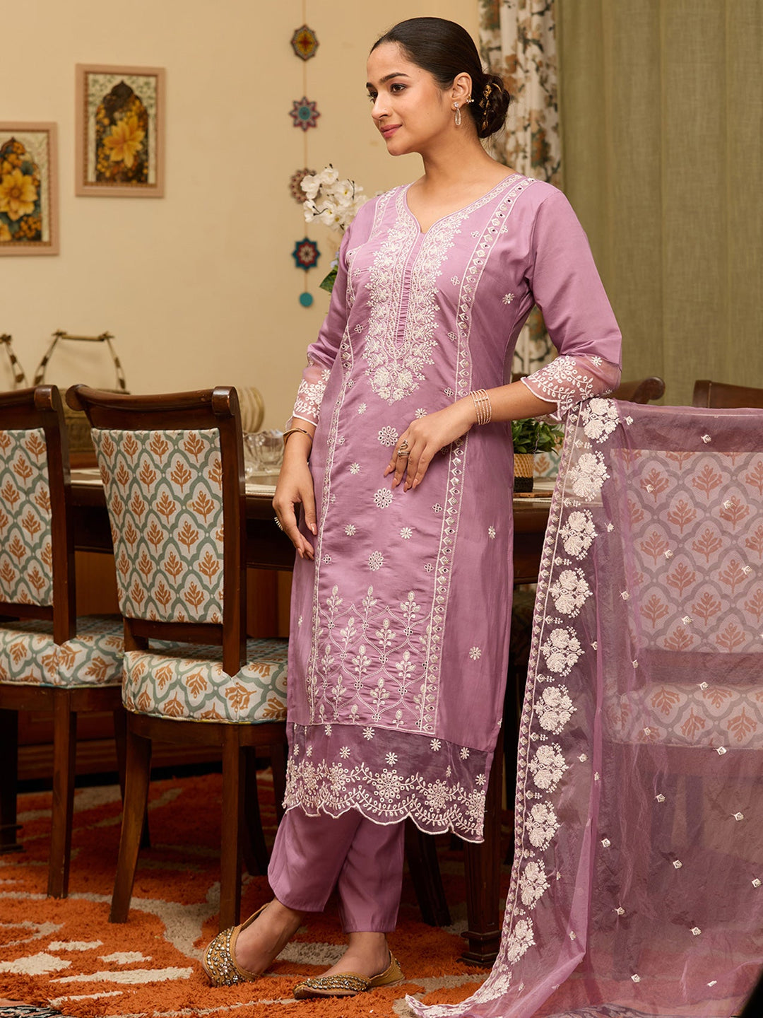 Mauve Threadwork Chanderi Readymade Salwar Suit