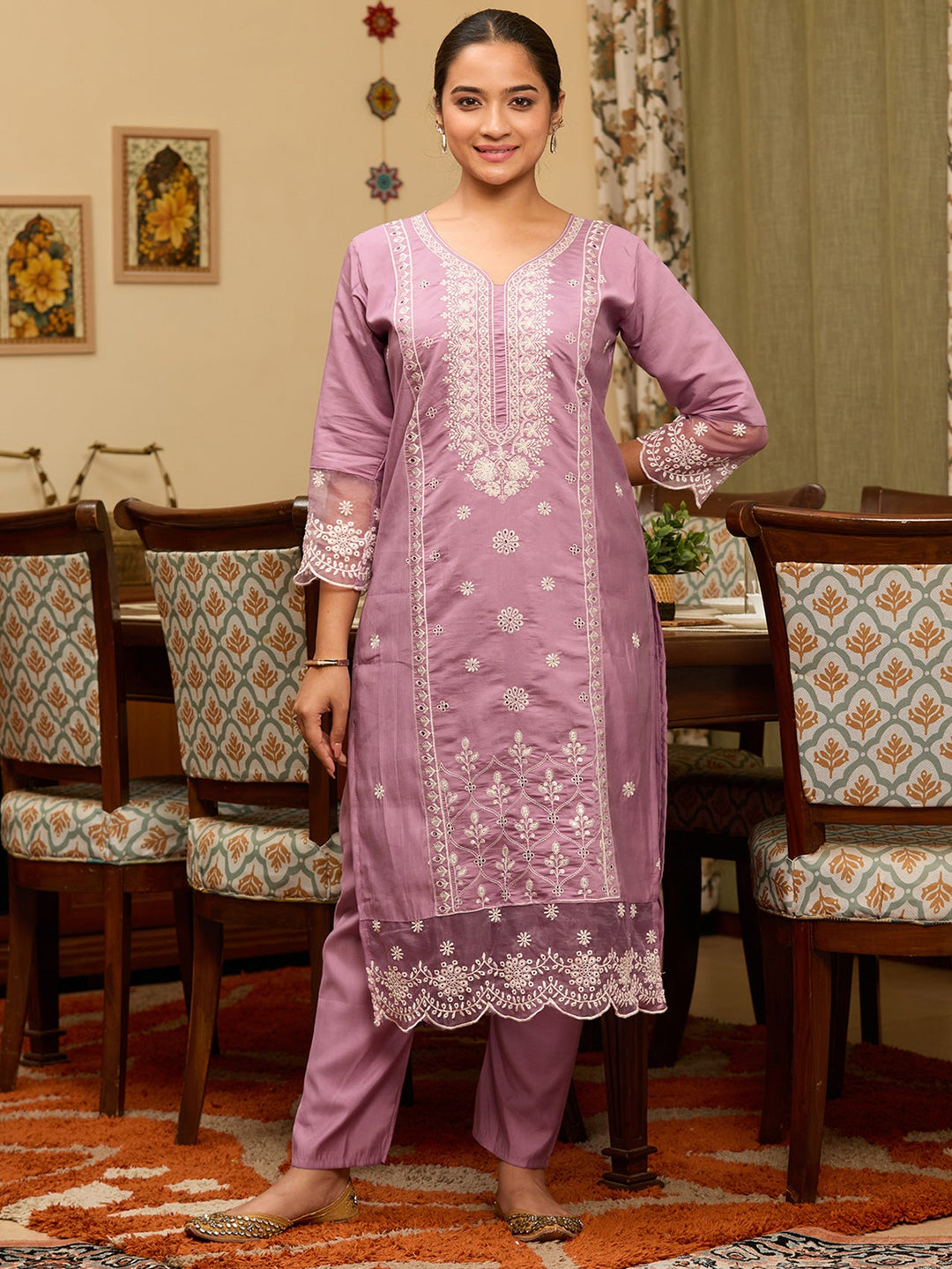 Mauve Threadwork Chanderi Readymade Salwar Suit