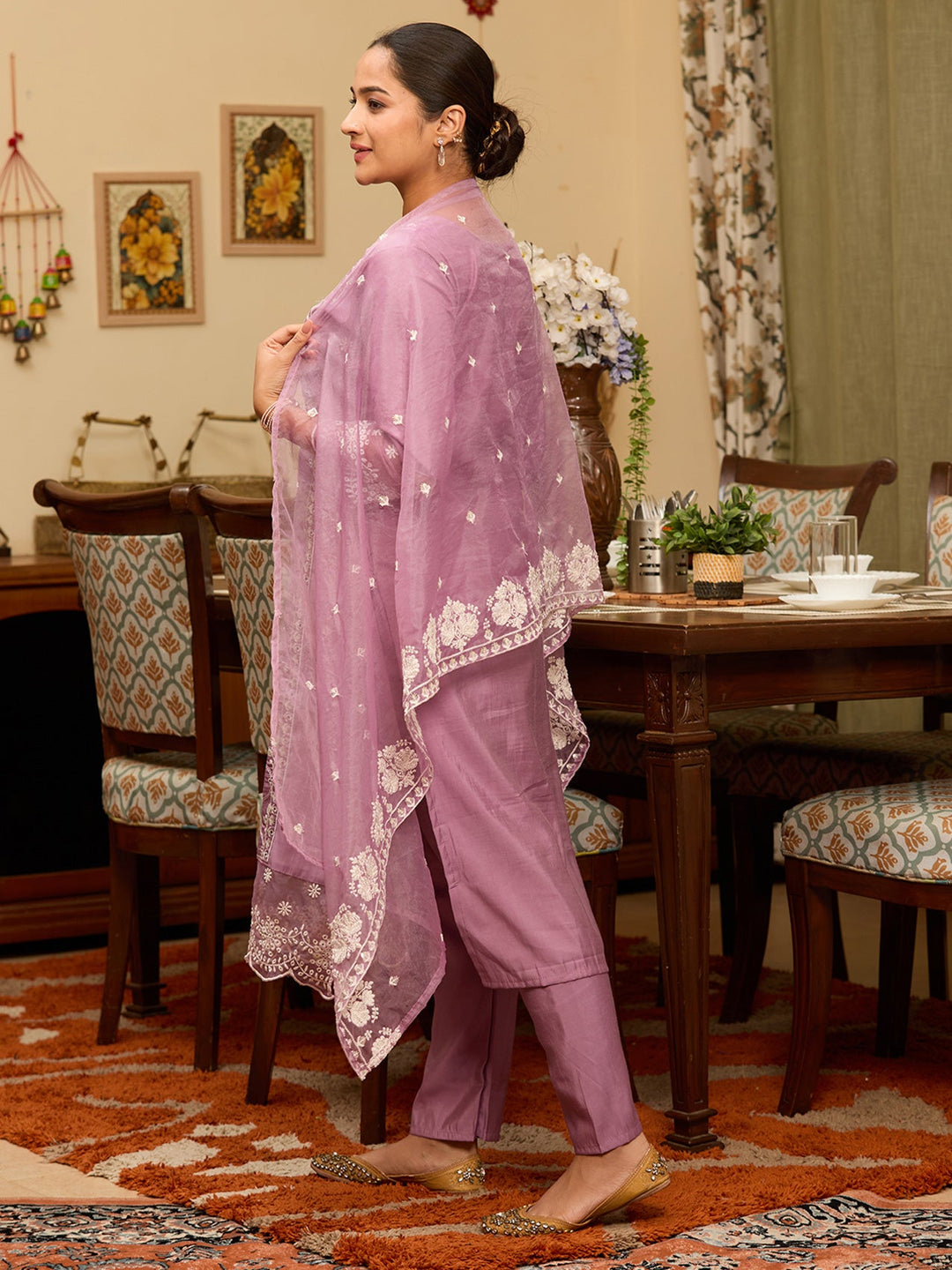 Mauve Threadwork Chanderi Readymade Salwar Suit