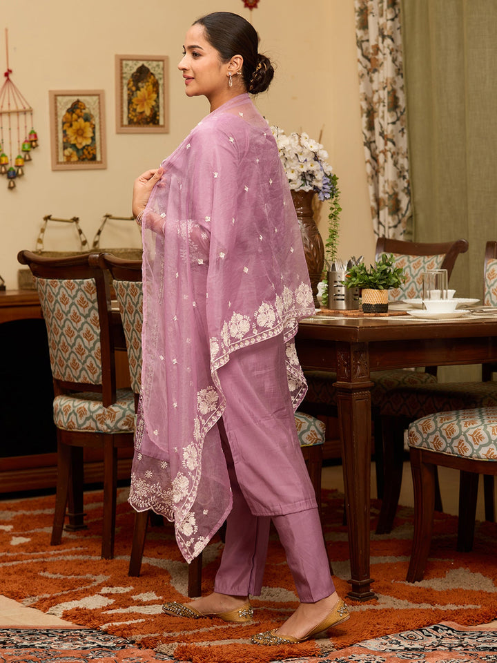 Mauve Threadwork Chanderi Readymade Salwar Suit
