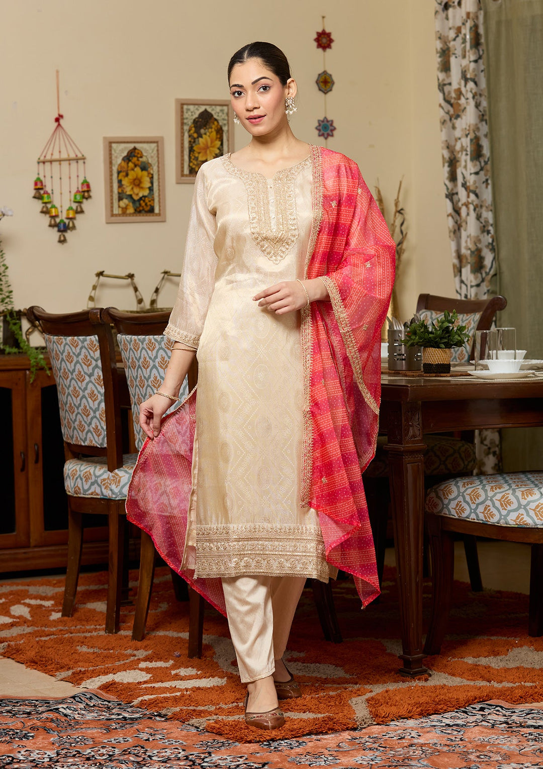 Beige Zariwork (Gold) Tissue Readymade Salwar Suit