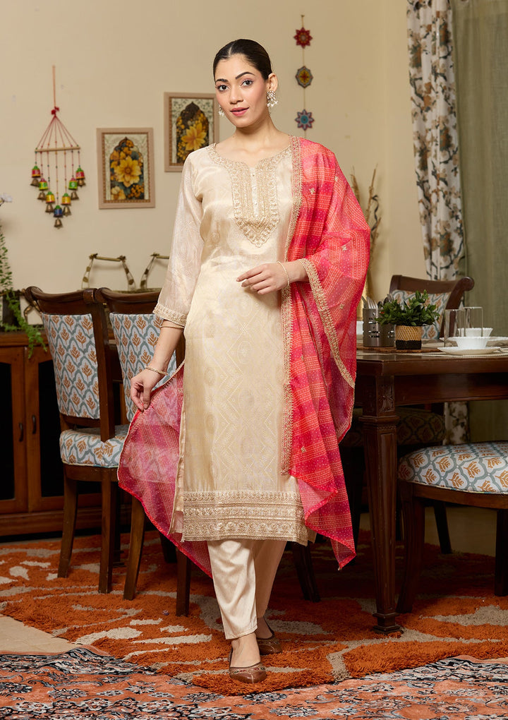 Beige Zariwork (Gold) Tissue Readymade Salwar Suit