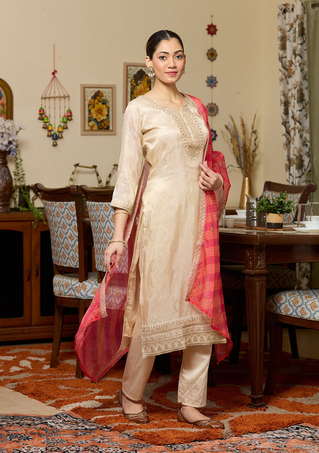 Beige Zariwork (Gold) Tissue Readymade Salwar Suit