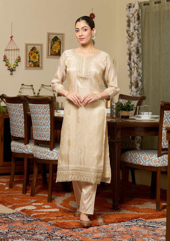 Beige Zariwork (Gold) Tissue Readymade Salwar Suit