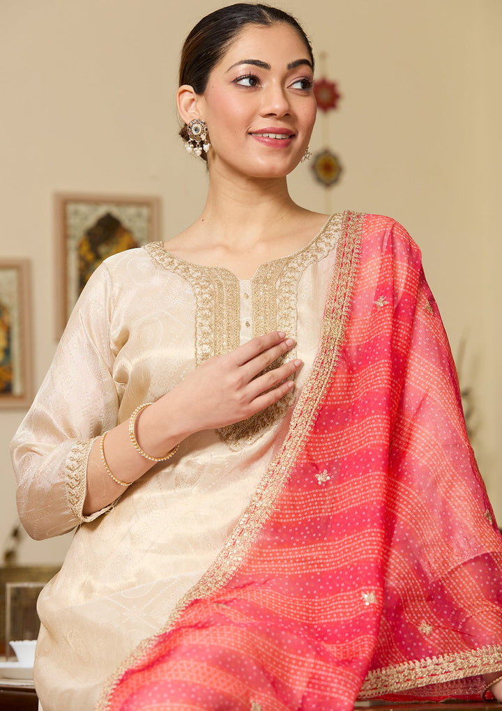 Beige Zariwork (Gold) Tissue Readymade Salwar Suit