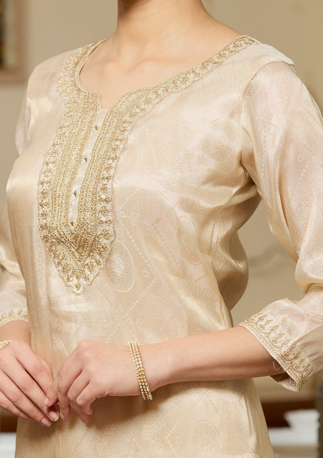 Beige Zariwork (Gold) Tissue Readymade Salwar Suit